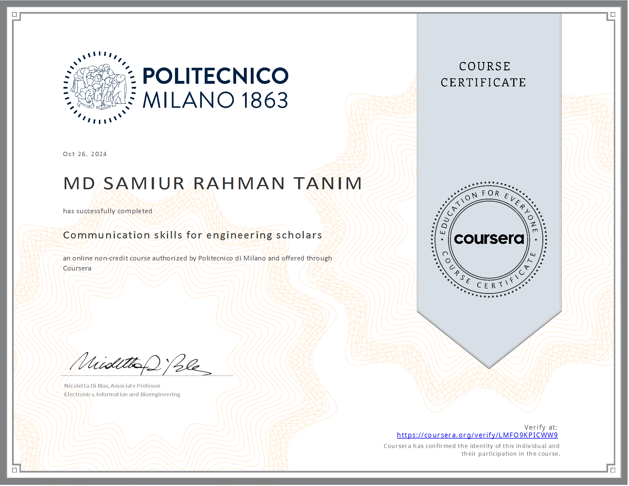 Communication skills for engineering scholars Certification