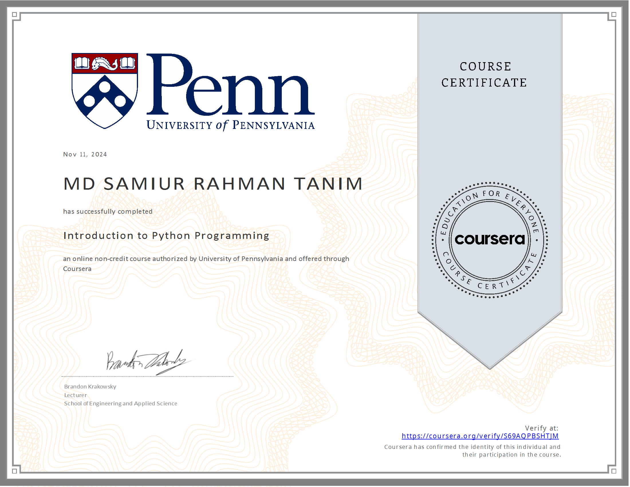 Introduction to Python Programming Certification